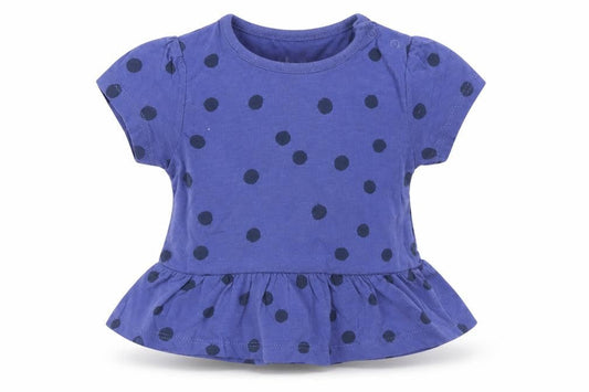 Front view of Marks & Spencer girls’ blue polka dot 100% cotton basic t-shirt, size 3-6, months round neck snap