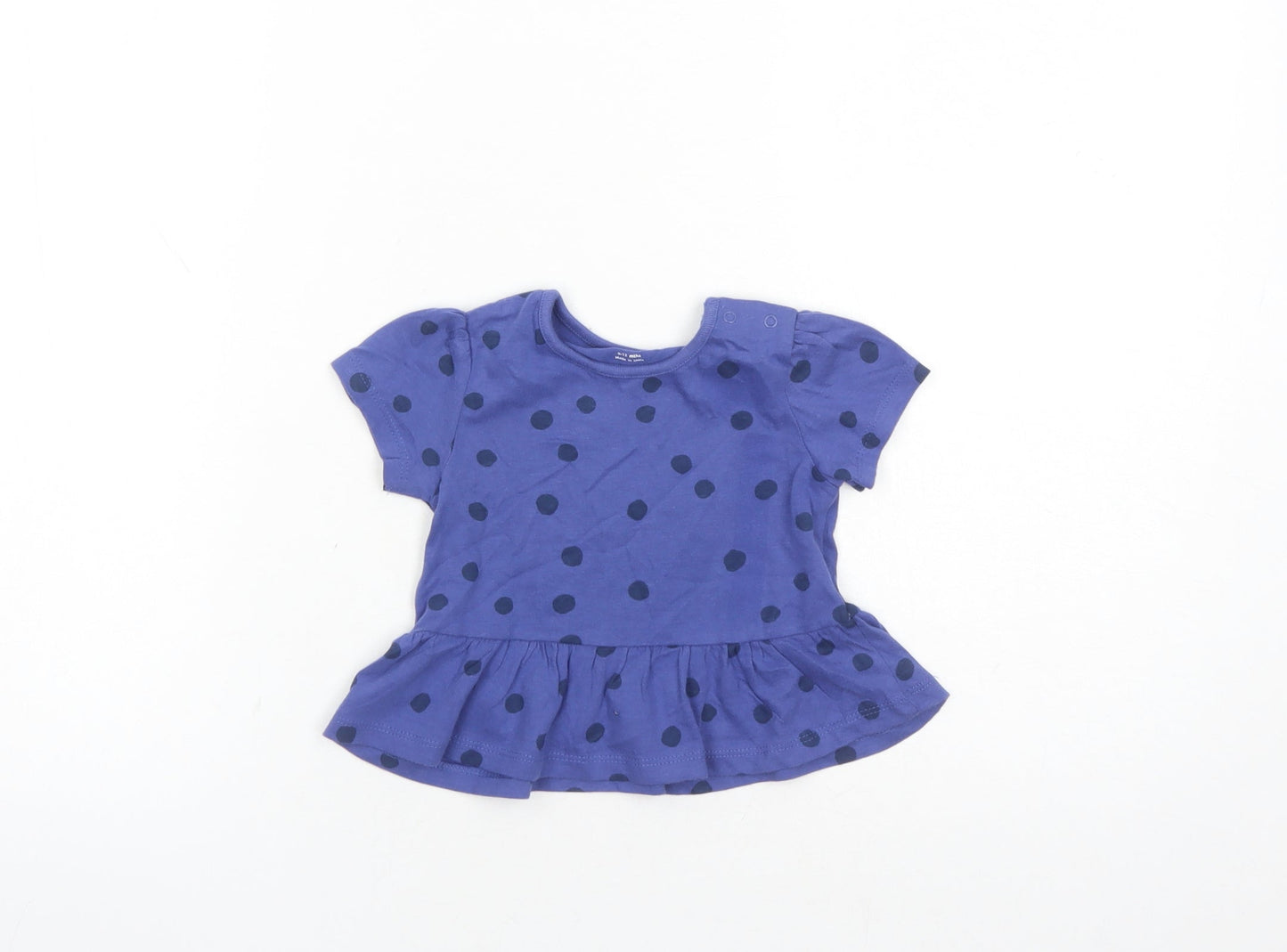 Marks and Spencer Girls Blue Polka Dot 100% Cotton Basic T-Shirt Size 9-12 Months Round Neck Snap