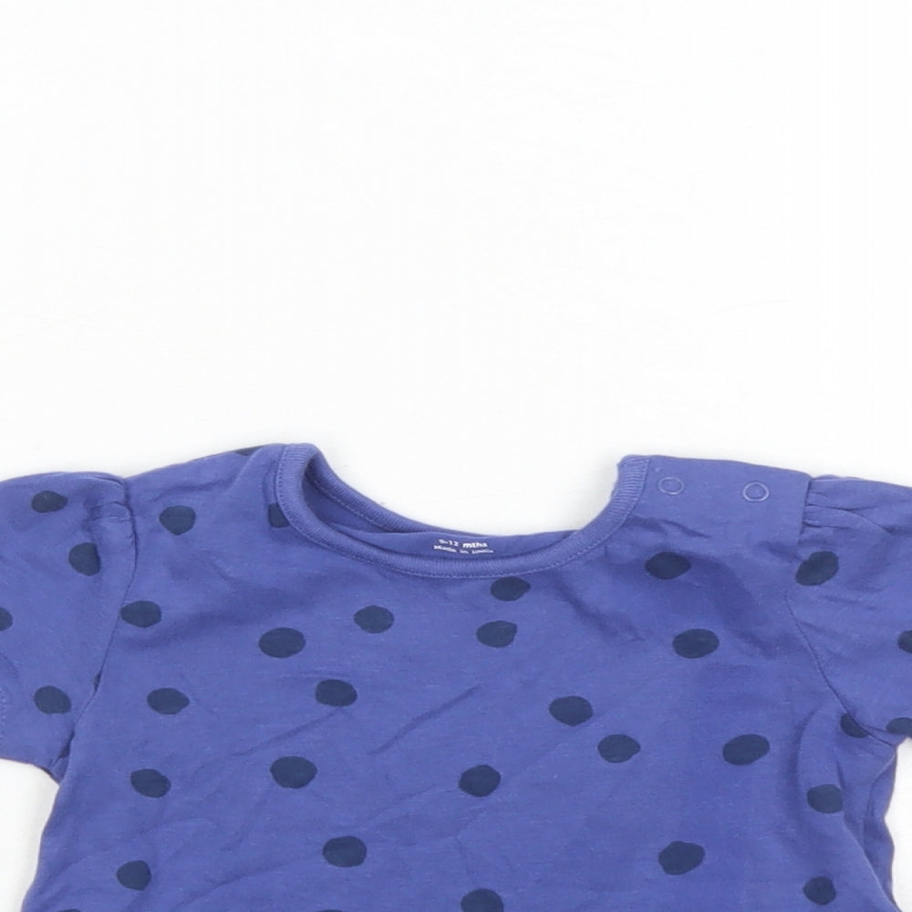 Marks and Spencer Girls Blue Polka Dot 100% Cotton Basic T-Shirt Size 9-12 Months Round Neck Snap