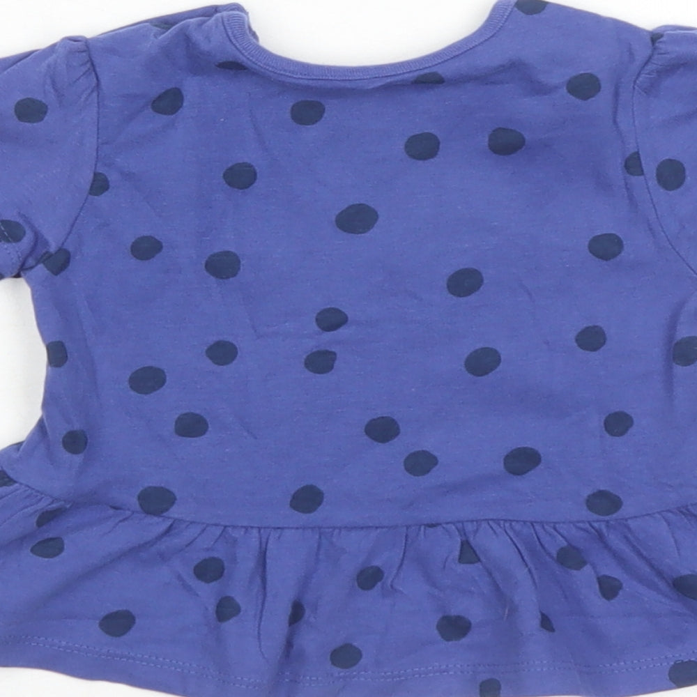 Marks and Spencer Girls Blue Polka Dot 100% Cotton Basic T-Shirt Size 9-12 Months Round Neck Snap