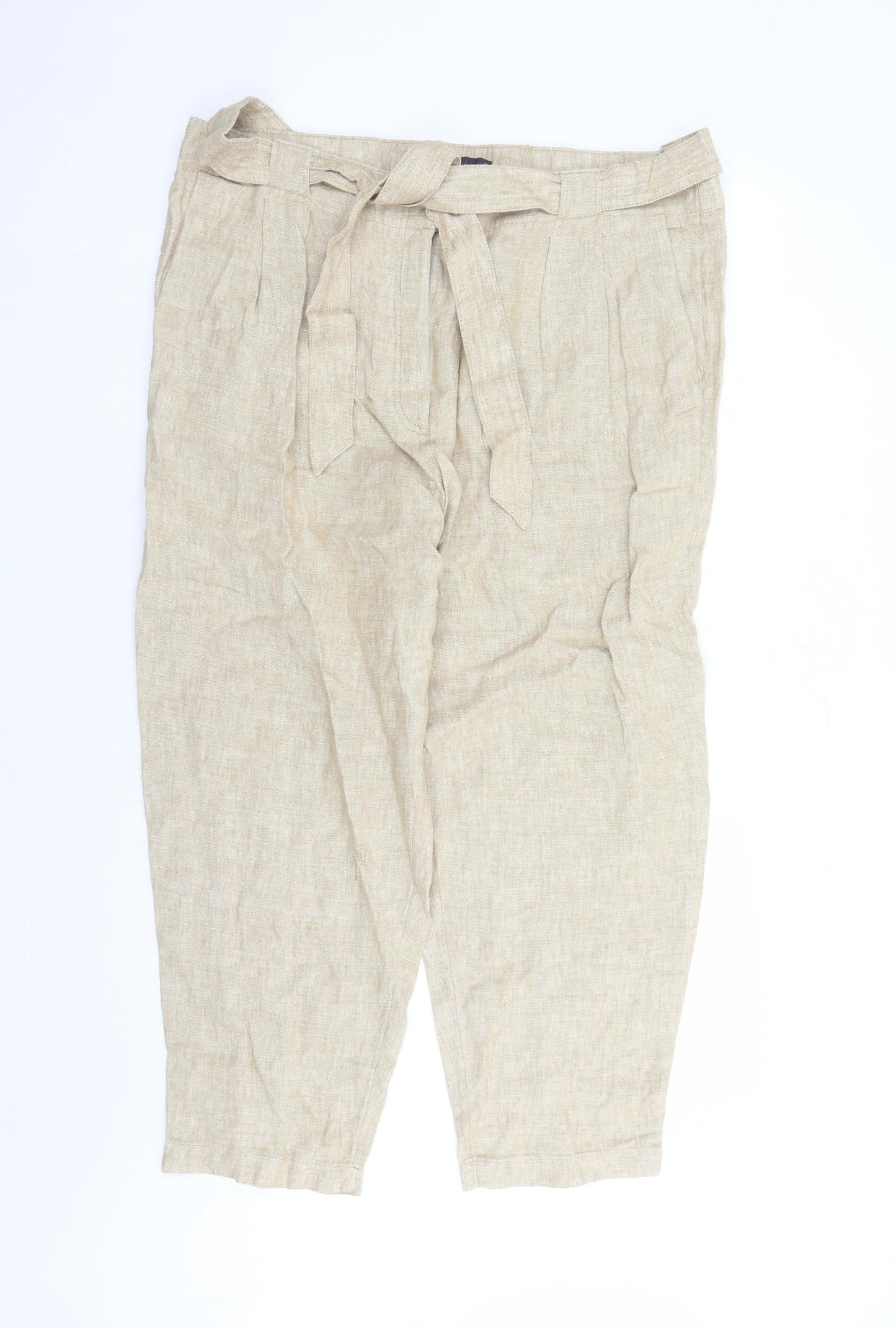 Marks and Spencer Womens Beige Flax Carrot Trousers Size 22 L27 in Regular Zip - Pockets Belted