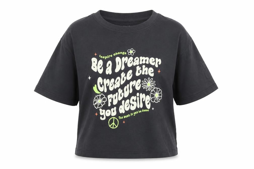 Marks & Spencer Girls Grey Cotton Cropped T-Shirt Size 6-7 Years Crew Neck Pullover - Be A Dreamer