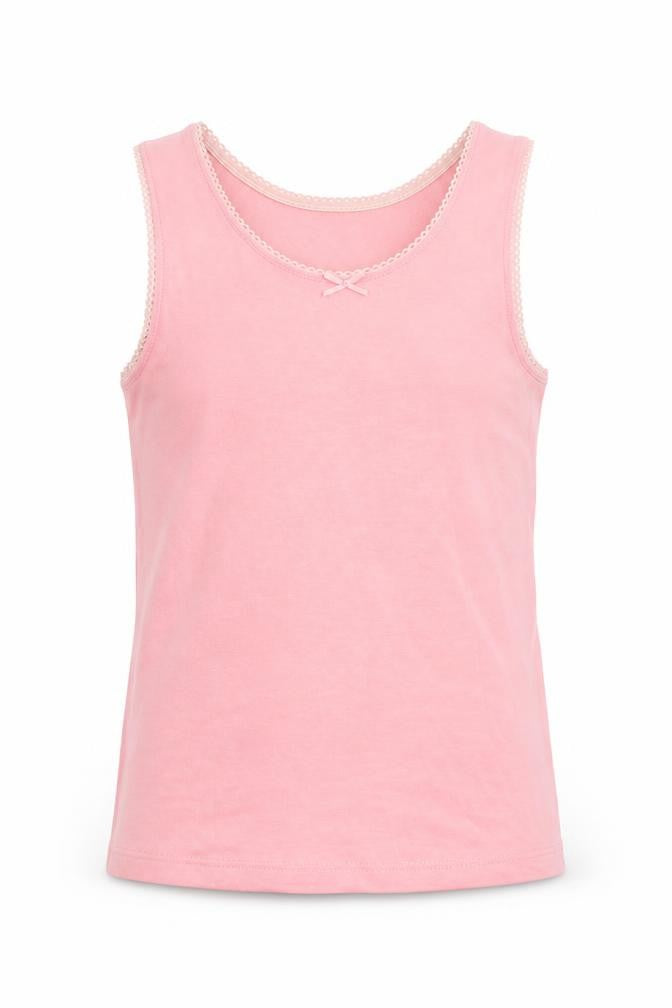 Marks & Spencer Girls Pink 100% Cotton Basic Tank Size 6-7 Years Round Neck Pullover - Bow Detail