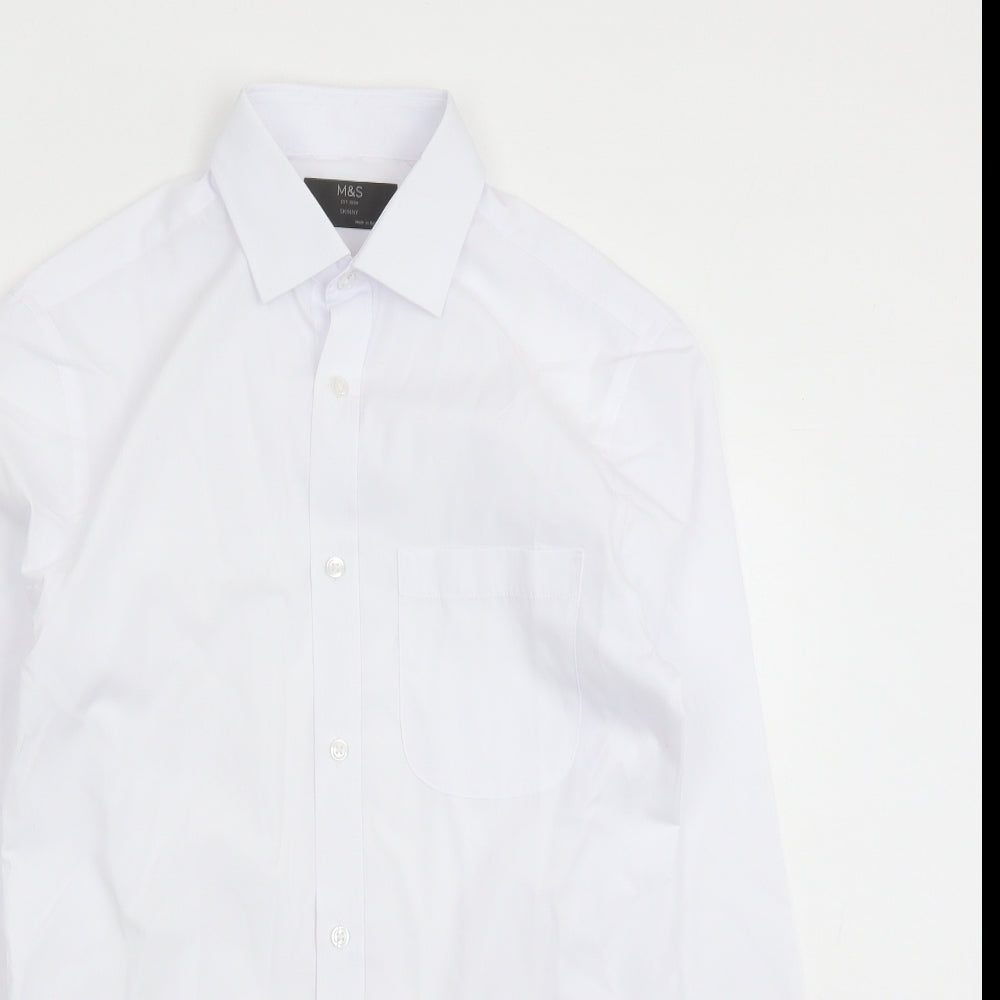 Marks and Spencer Mens White Polyester Button-Up Size 14.5 Collared Button