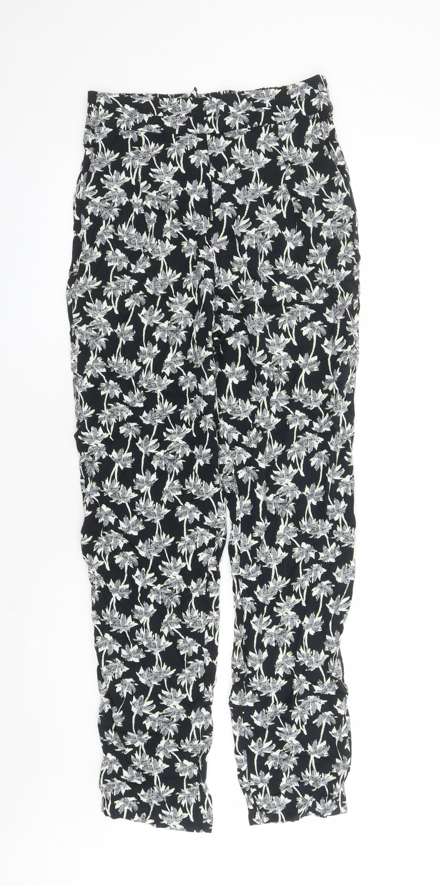 Marks and Spencer Womens Black Geometric Viscose Carrot Trousers Size 8 L29 in Regular - Elasticated Waist Long Leg