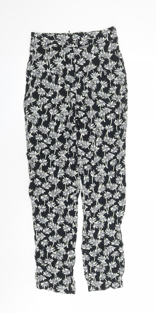 Marks and Spencer Womens Black Geometric Viscose Carrot Trousers Size 8 L29 in Regular - Elasticated Waist Long Leg