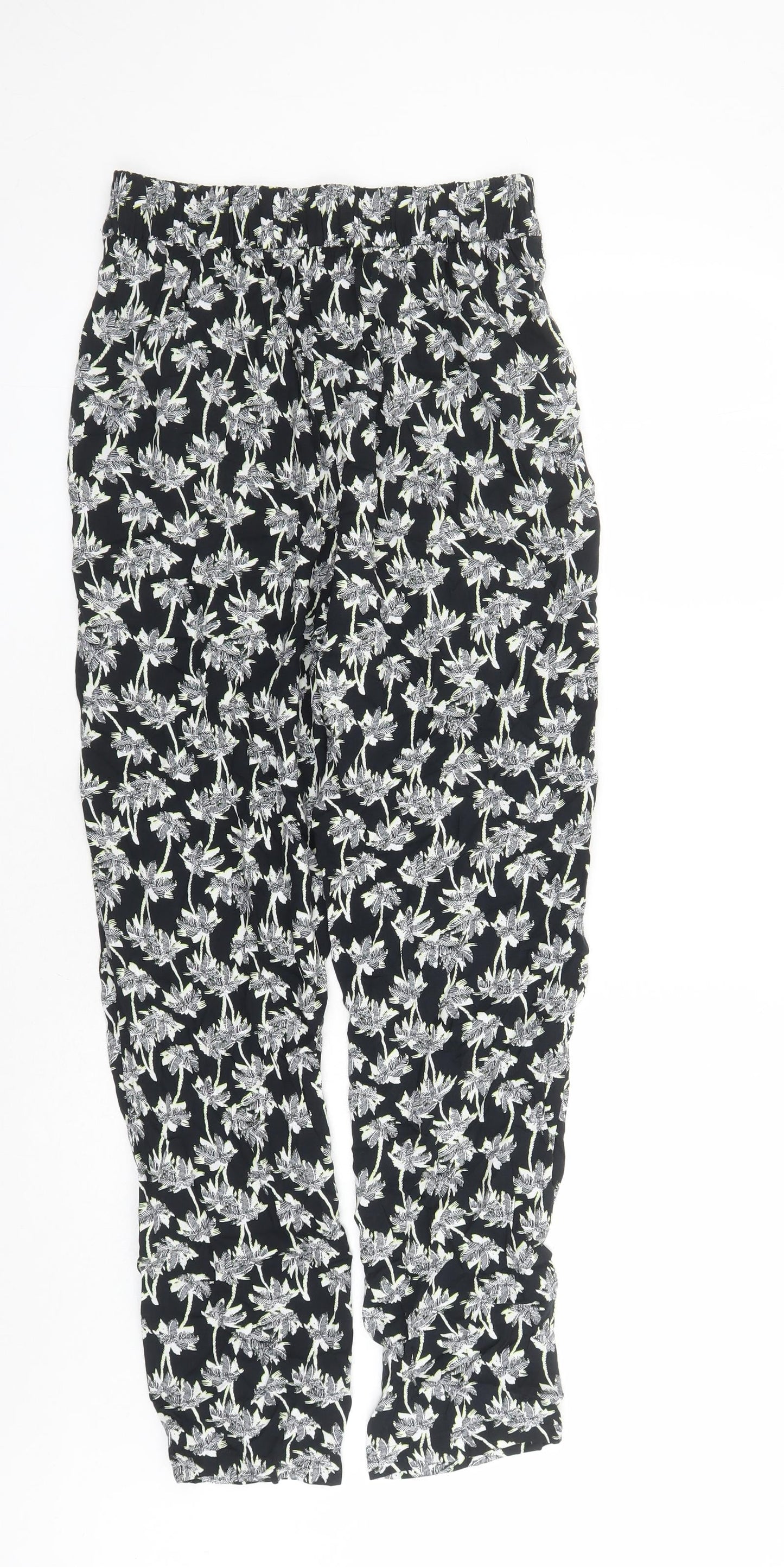 Marks and Spencer Womens Black Geometric Viscose Carrot Trousers Size 8 L29 in Regular - Elasticated Waist Long Leg