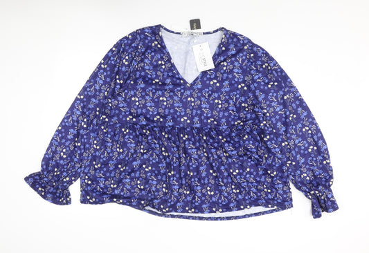 In the Style Womens Blue Floral Polyester Basic Blouse Size 16 V-Neck - Peplum