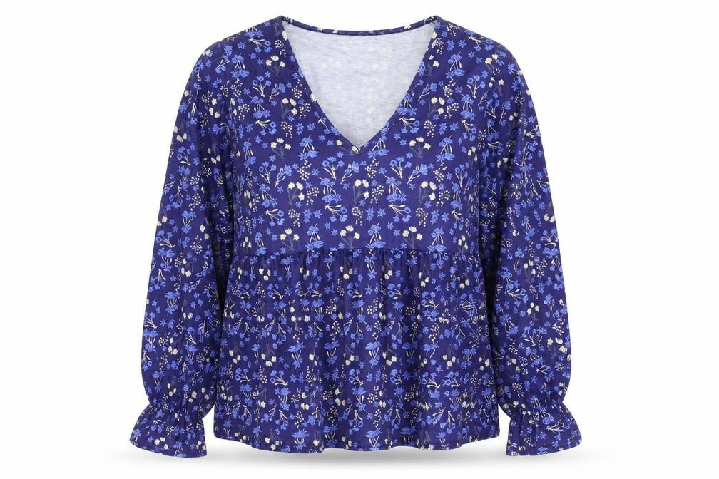 In the Style Womens Blue Floral Polyester Basic Blouse Size 16 V-Neck - Peplum