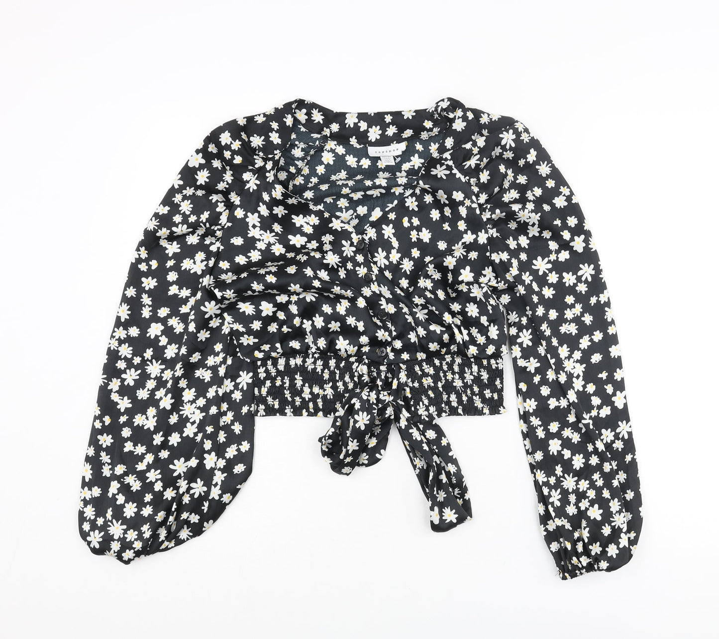 Topshop Womens Black Floral Polyester Basic Blouse Size 8 V-Neck - Bow Rouched