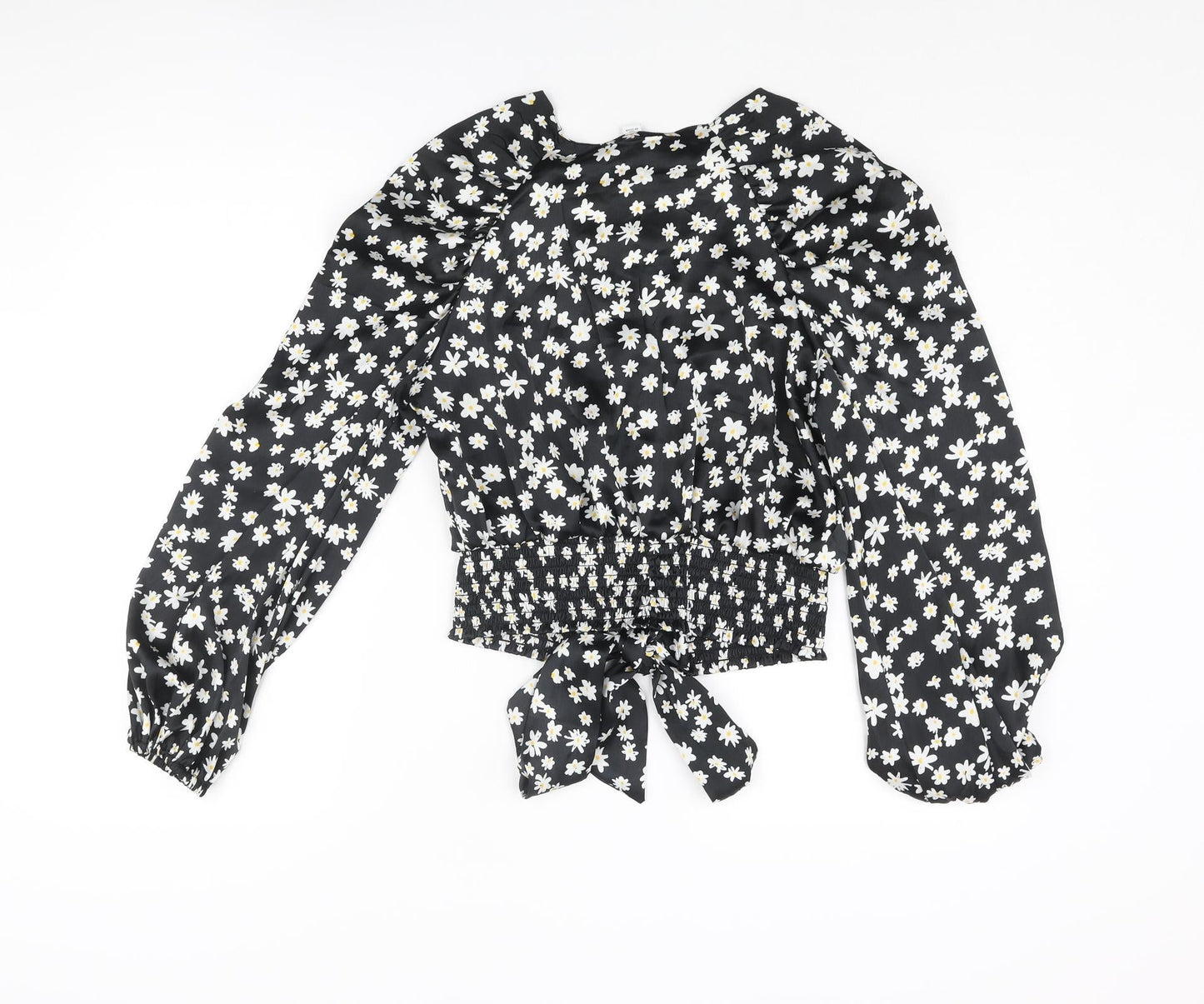 Topshop Womens Black Floral Polyester Basic Blouse Size 8 V-Neck - Bow Rouched