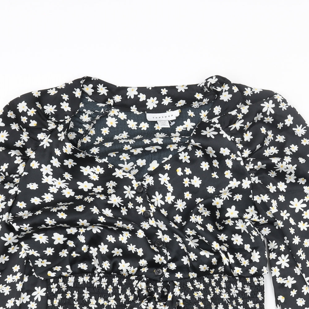 Topshop Womens Black Floral Polyester Basic Blouse Size 8 V-Neck - Bow Rouched