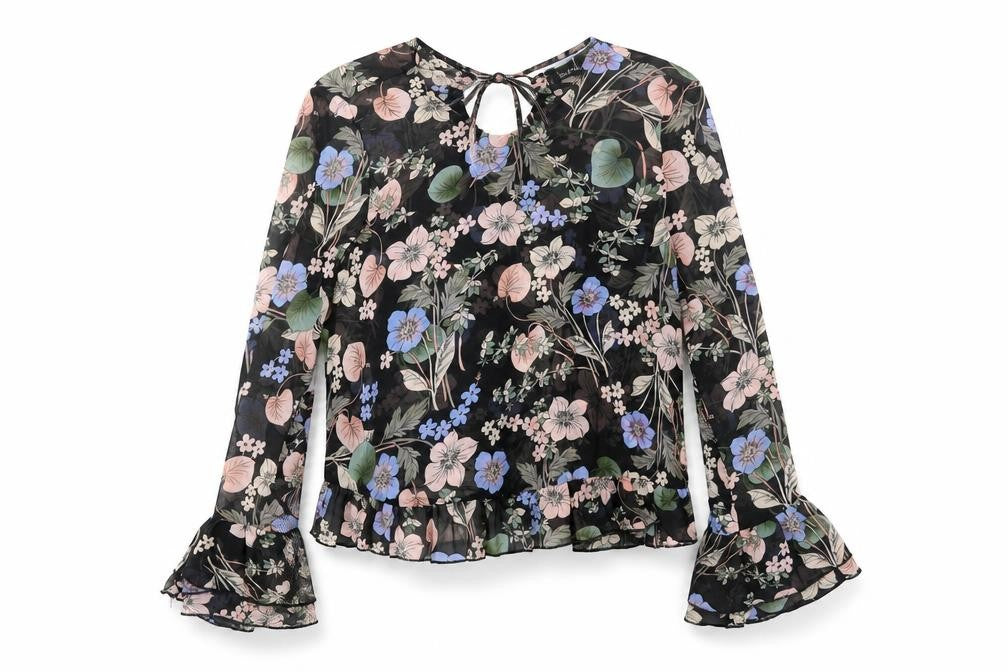 Boohoo Womens Multicoloured Floral Polyester Basic Blouse Size 8 Round Neck - Semi Sheer Frill
