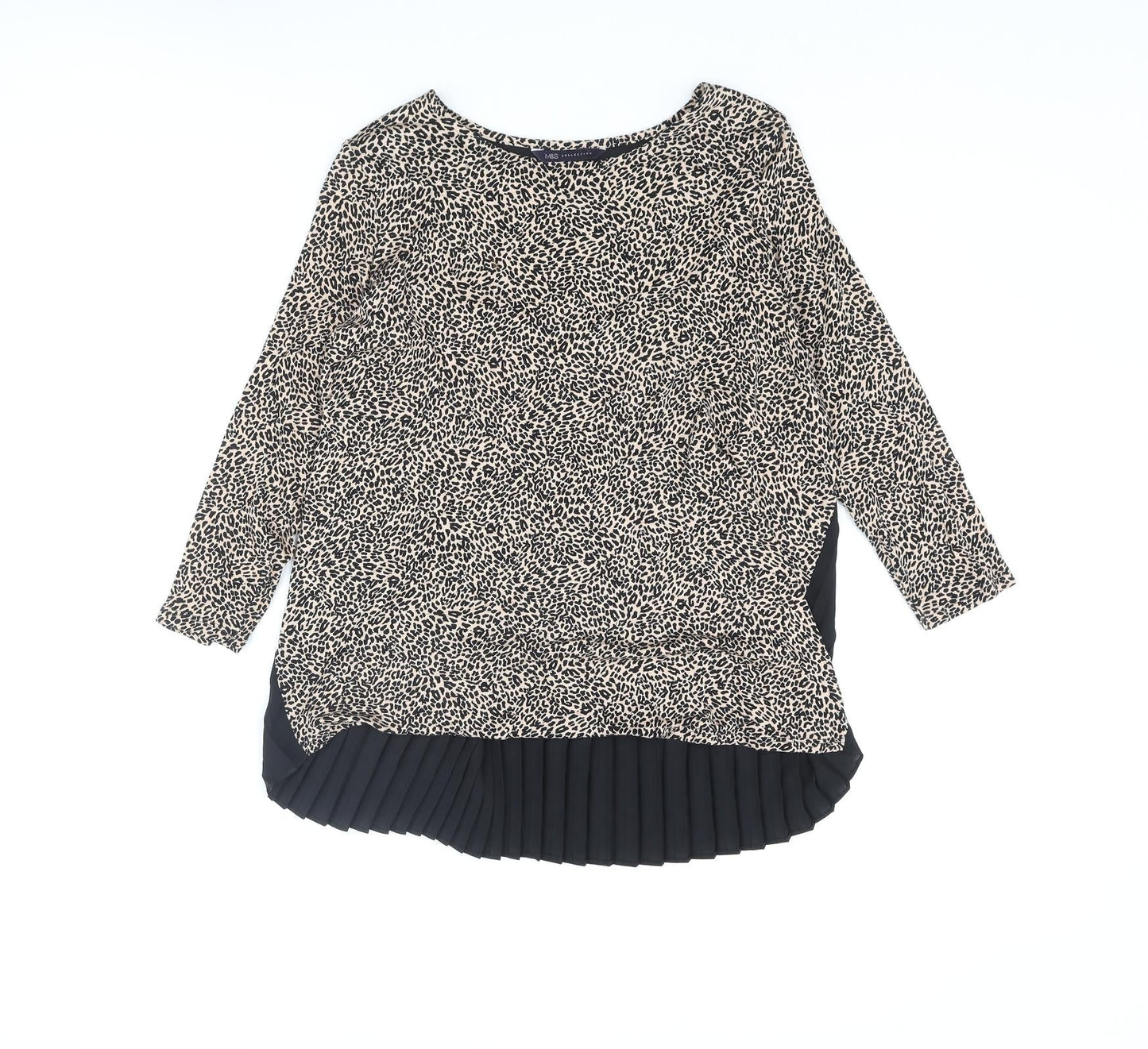 Marks and Spencer Womens Beige Viscose Basic Blouse Size 8 Round Neck - Leopard Print Pleated