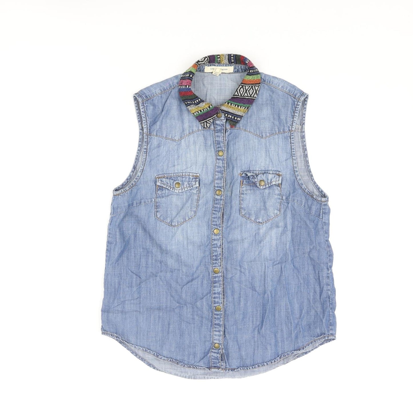Life In Progress Womens Blue Cotton Basic Blouse Size S Collared
