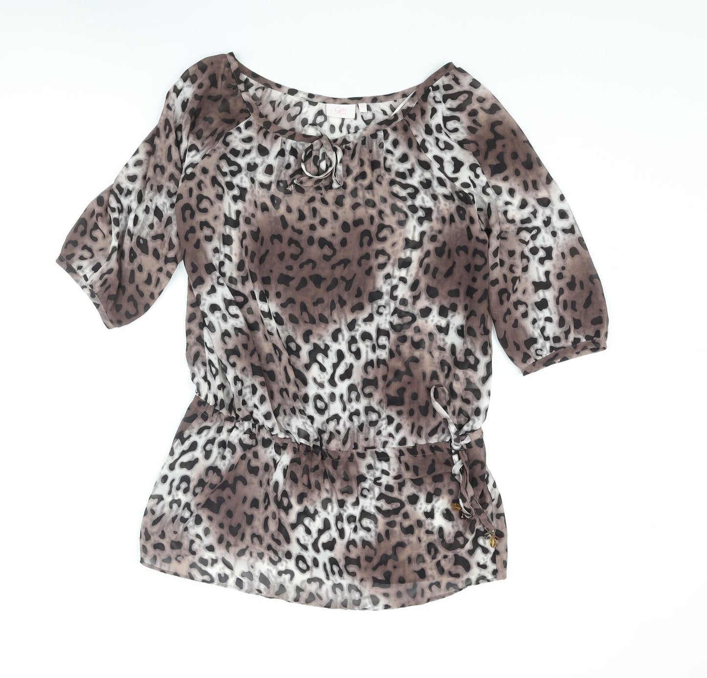 NEXT Womens Brown Animal Print Polyester Tunic Blouse Size 10 Boat Neck - Leopard Print Drawstring