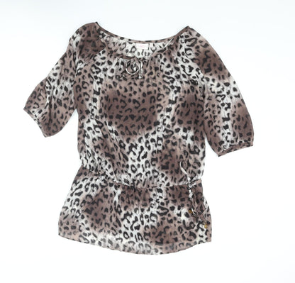 Next Womens Brown Animal Print Polyester Tunic Blouse Size 10 Boat Neck - Leopard Print Drawstring