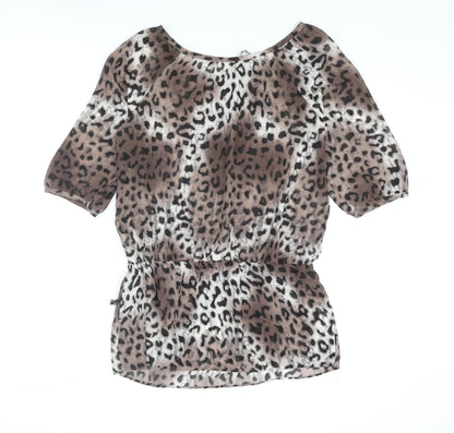 Next Womens Brown Animal Print Polyester Tunic Blouse Size 10 Boat Neck - Leopard Print Drawstring