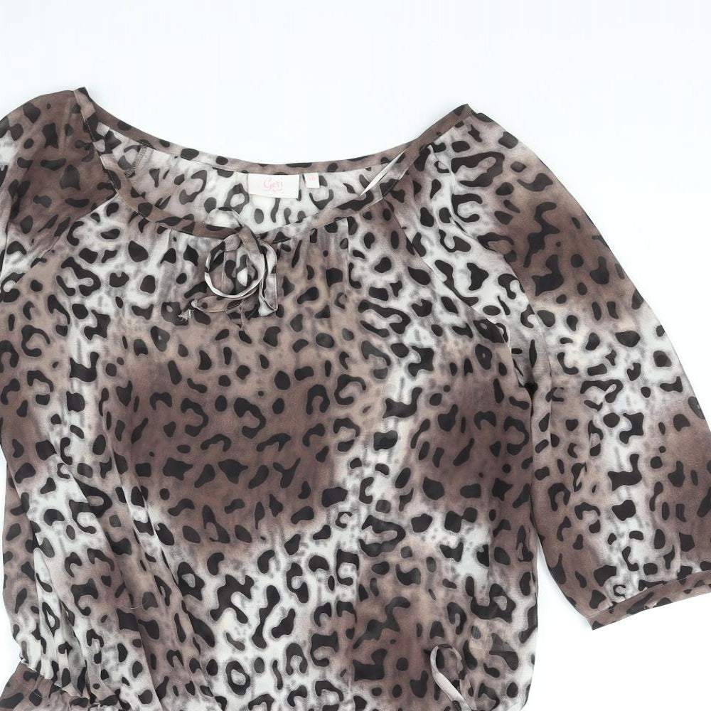 NEXT Womens Brown Animal Print Polyester Tunic Blouse Size 10 Boat Neck - Leopard Print Drawstring