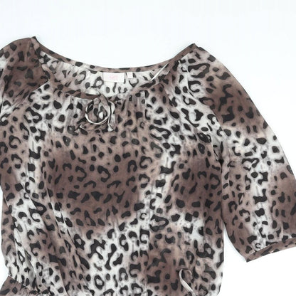 Next Womens Brown Animal Print Polyester Tunic Blouse Size 10 Boat Neck - Leopard Print Drawstring