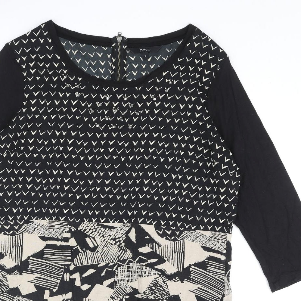 NEXT Womens Black Geometric Viscose Tunic Blouse Size 12 Round Neck - Beading Detail