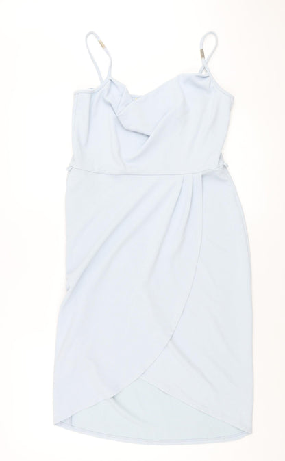 Additional front view of Miss Selfridge women’s blue polyester shift, size UK 14, collared pullover - wrap style