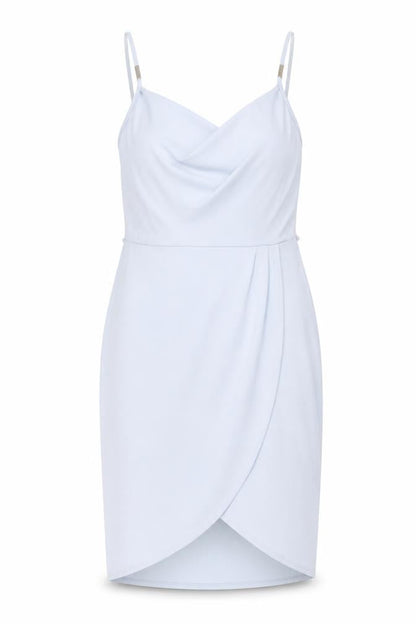 Front view of Miss Selfridge women’s blue polyester shift, size UK 14, collared pullover - wrap style