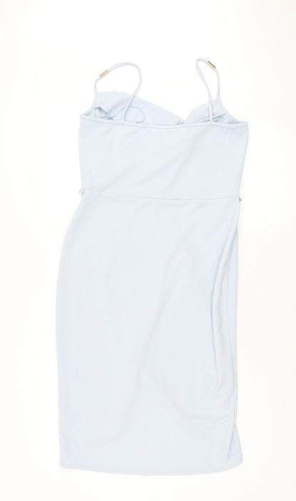 Back view of Miss Selfridge women’s blue polyester shift, size UK 14, collared pullover - wrap style