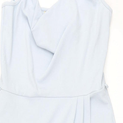 Close-up detail of Miss Selfridge women’s blue polyester shift, size UK 14, collared pullover - wrap style