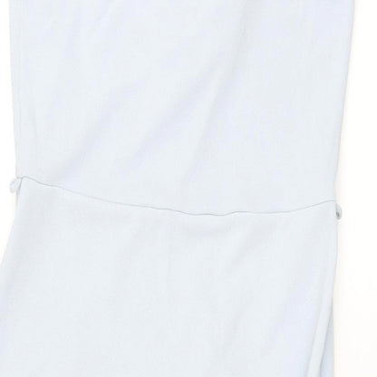Brand and care label for Miss Selfridge women’s blue polyester shift, size UK 14, collared pullover - wrap style
