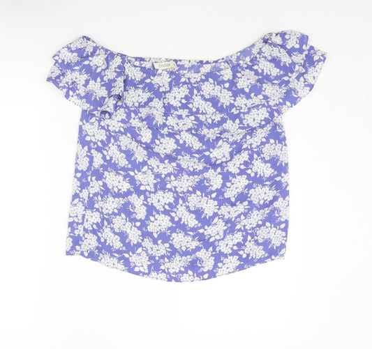 Oasis Womens Blue Floral Polyester Basic Blouse Size 10 Boat Neck - Frill