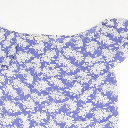 Oasis Womens Blue Floral Polyester Basic Blouse Size 10 Boat Neck - Frill