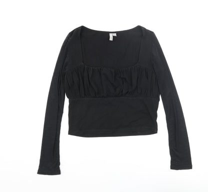 Additional front view of ASOS women’s black cotton basic blouse, size UK 12, scoop neck - rouched mesh sleeve