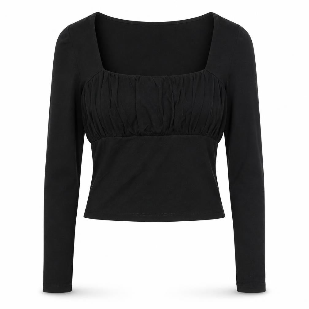 ASOS Womens Black Cotton Basic Blouse Size 12 Scoop Neck - Rouched Mesh Sleeve