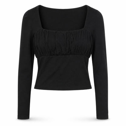 Front view of ASOS women’s black cotton basic blouse, size UK 12, scoop neck - rouched mesh sleeve