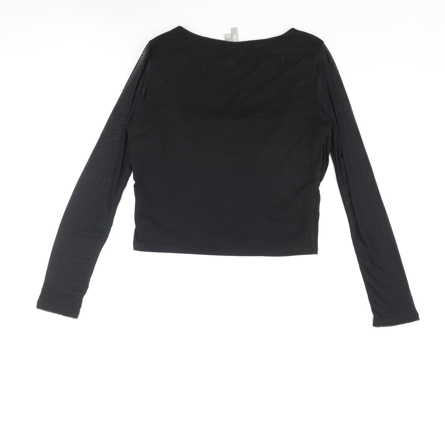 ASOS Womens Black Cotton Basic Blouse Size 12 Scoop Neck - Rouched Mesh Sleeve
