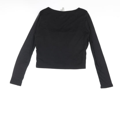 Back view of ASOS women’s black cotton basic blouse, size UK 12, scoop neck - rouched mesh sleeve