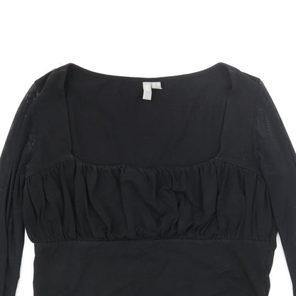 Close-up detail of ASOS women’s black cotton basic blouse, size UK 12, scoop neck - rouched mesh sleeve