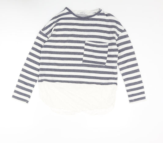 Shana Womens Blue Striped Cotton Basic Blouse Size M Round Neck - Layered