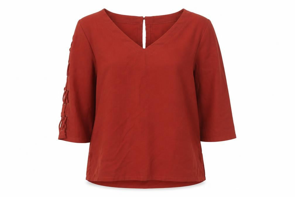 River Island Womens Red Polyester Basic Blouse Size 8 V-Neck - Lace Up Sleeve
