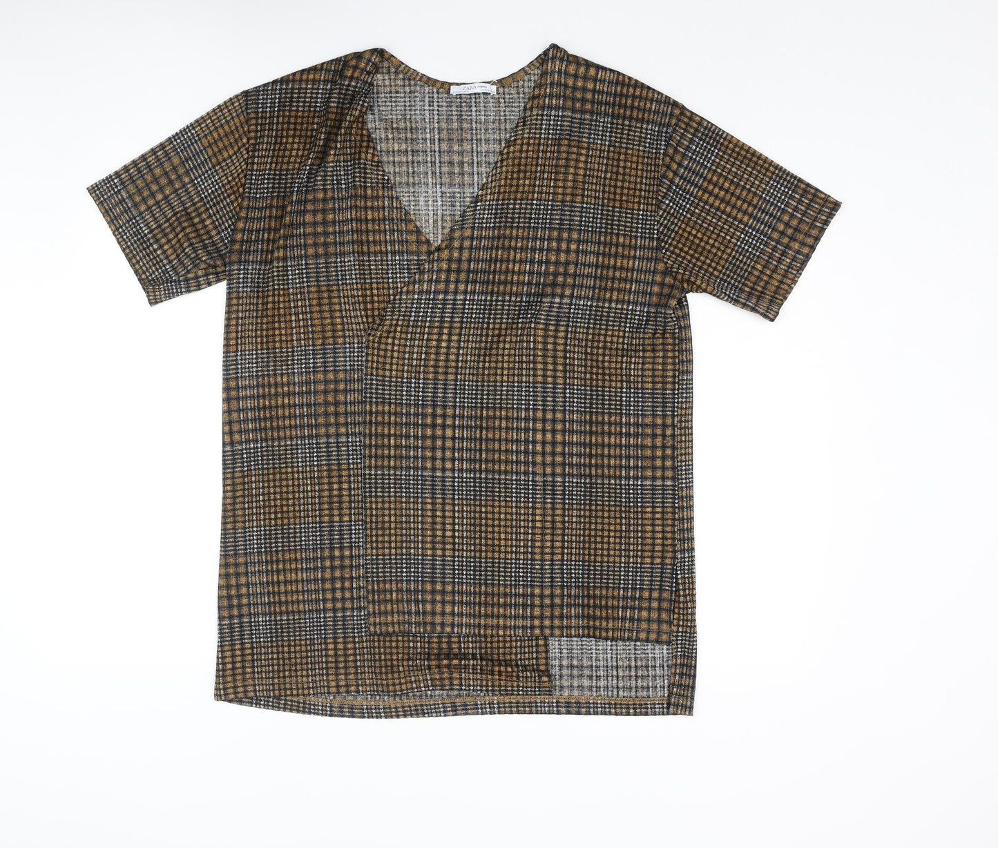 Zara Womens Brown Check Polyester Basic Blouse Size M V-Neck
