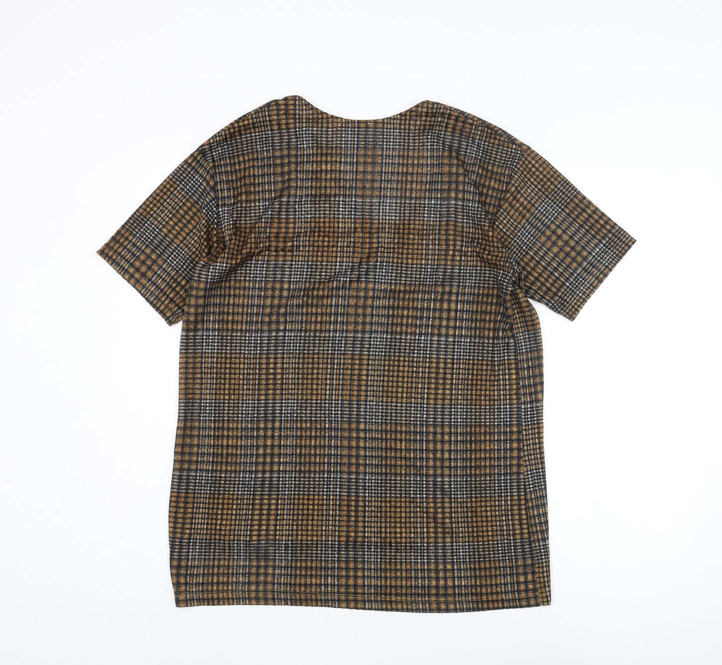 Zara Womens Brown Check Polyester Basic Blouse Size M V-Neck
