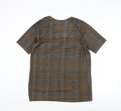 Zara Womens Brown Check Polyester Basic Blouse Size M V-Neck