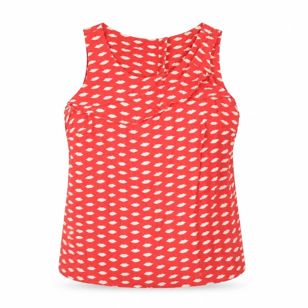 Oasis Womens Red Geometric Viscose Basic Blouse Size 12 Round Neck - Lips Print Frill