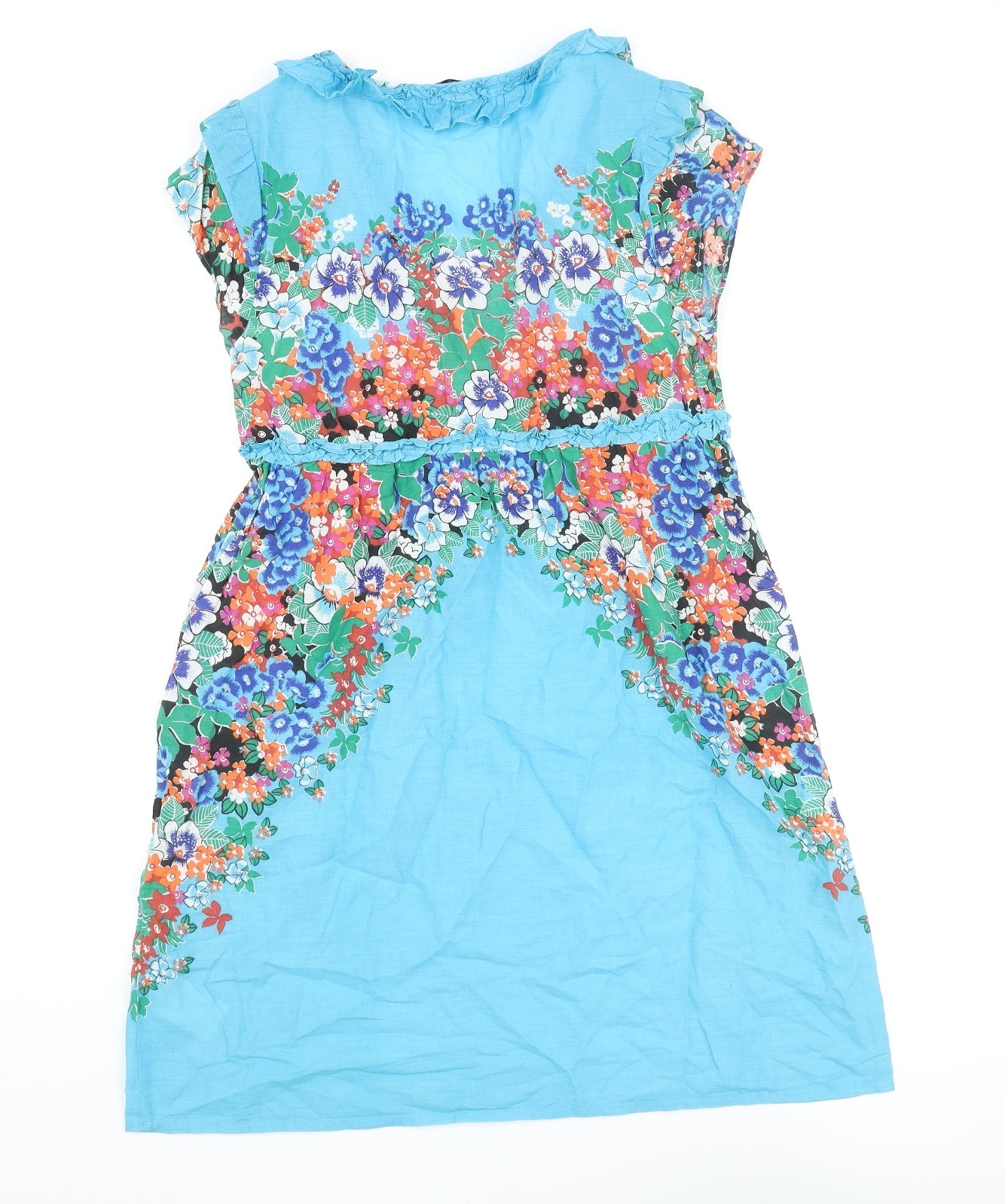 Oasis Womens Blue Cotton A-Line Size 10 V-Neck Pullover - Floral Print Frill Bow