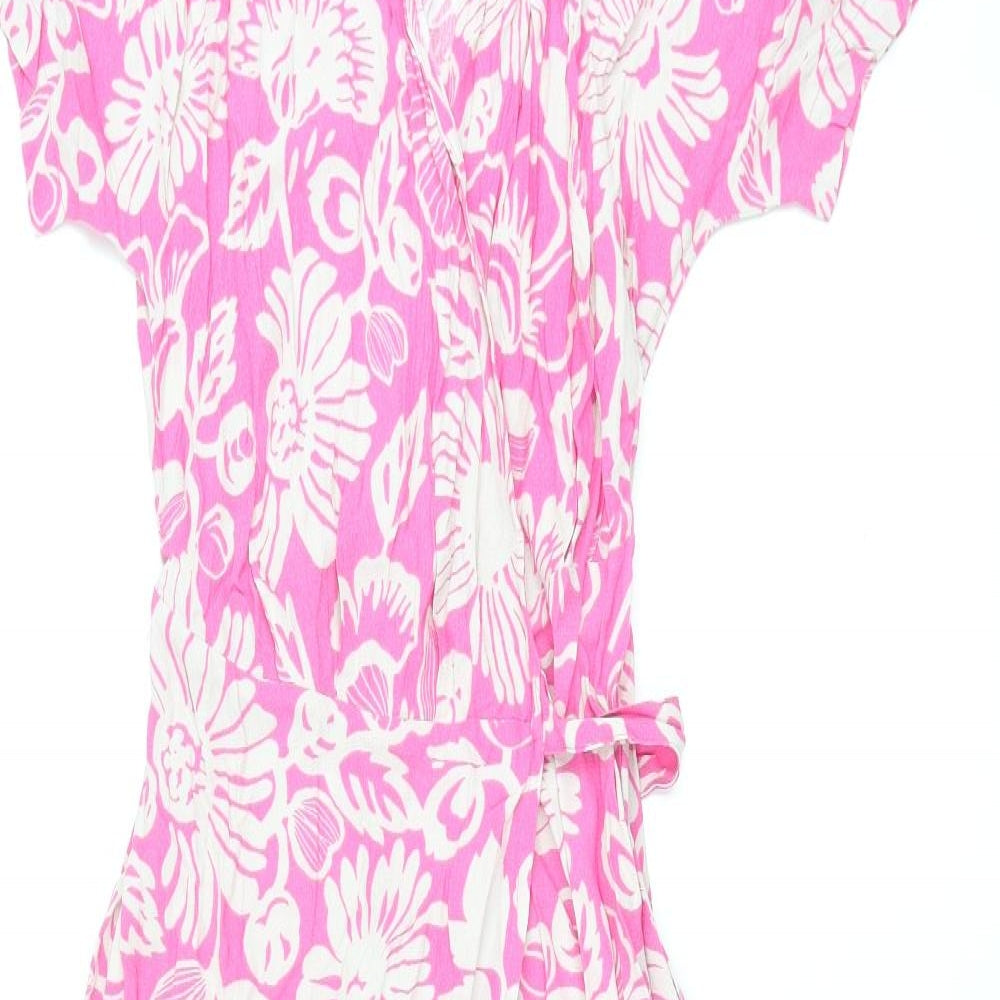 Marks and Spencer Womens Pink Floral Viscose Wrap Dress Size 6 V-Neck Tie