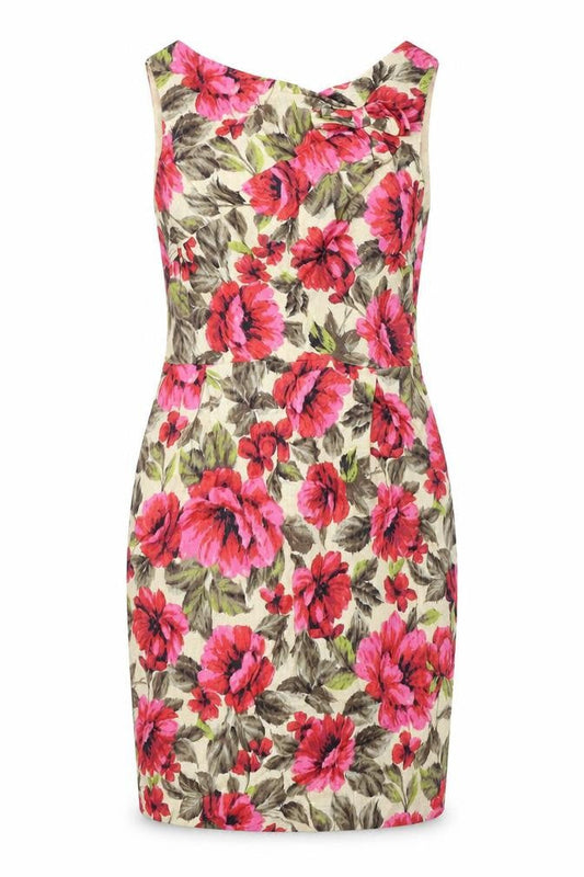 Next Womens Multicoloured Floral Linen Pencil Dress Size 8 Round Neck Zip - Slit