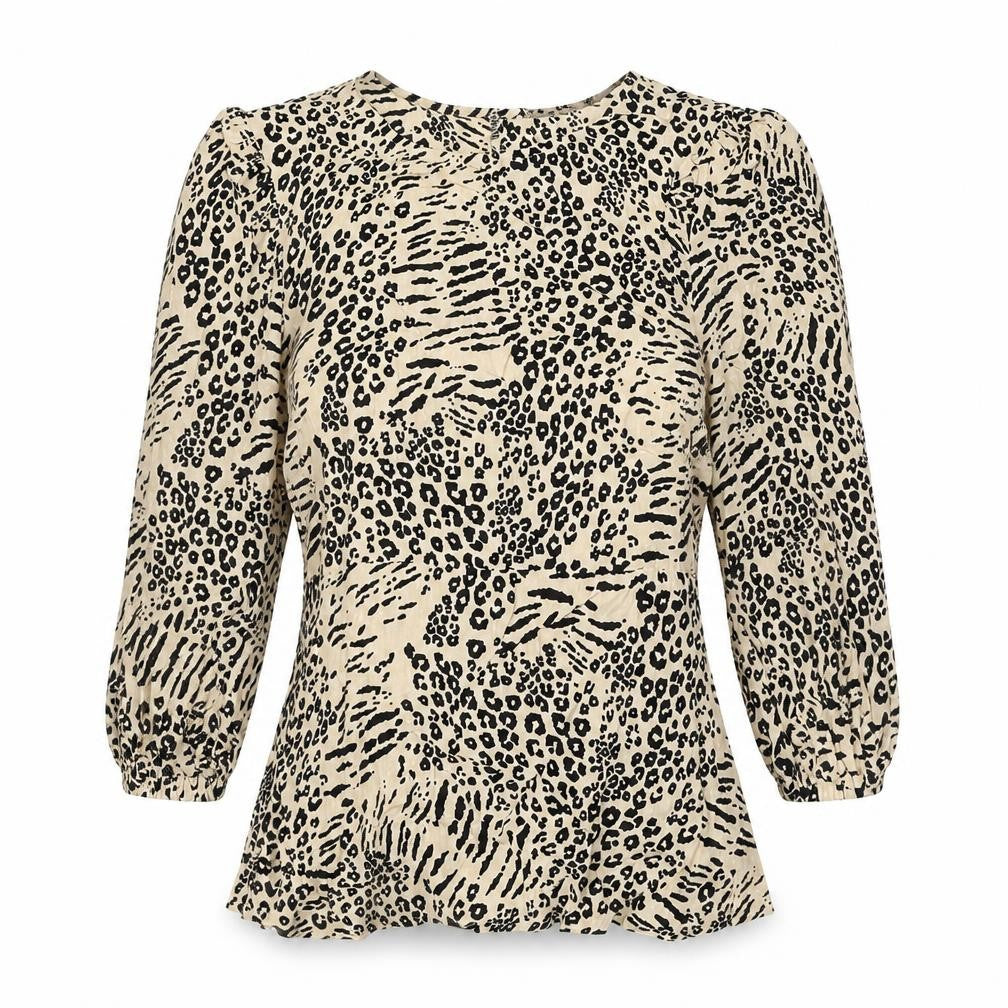 Marks & Spencer Womens Beige Animal Print Viscose Basic Blouse Size 6 Round Neck - Leopard Print
