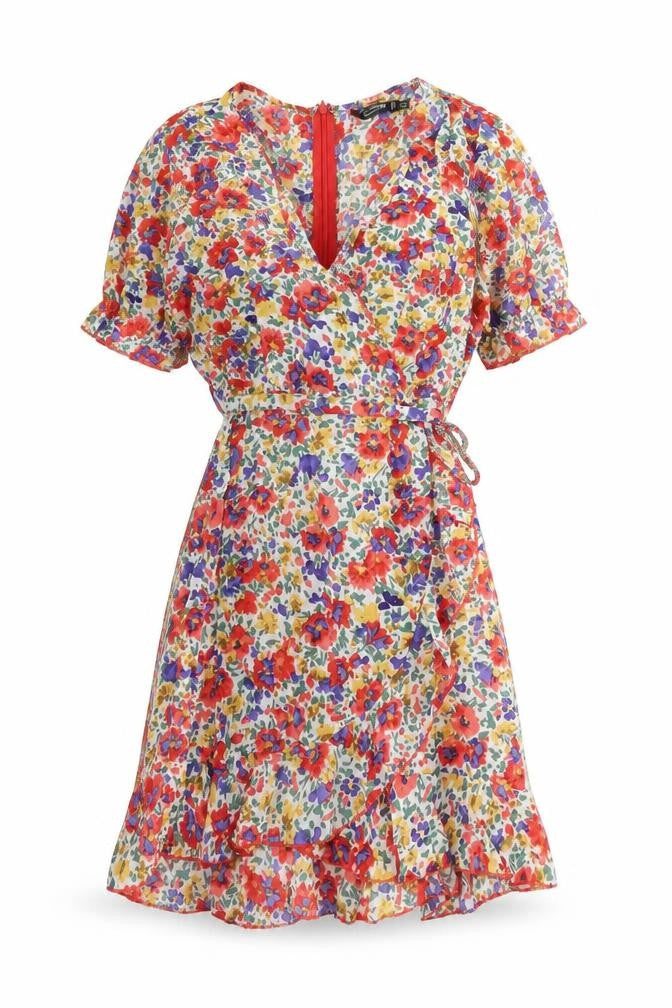 Missguided Womens Multicoloured Floral Polyester A-Line Size 10 V-Neck Zip - Belt Included