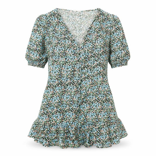 Front view of Miss Selfridge women’s multicoloured floral viscose a-line, size UK 10, v-neck button